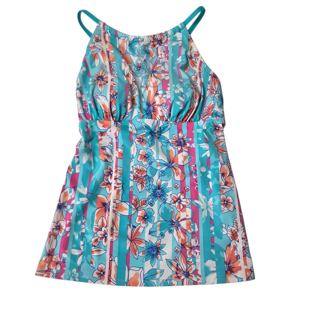 Lands‎ End Capri Aqua Floral Tankini Swim Top SZ 6 Lightly Padded Wireless Bra